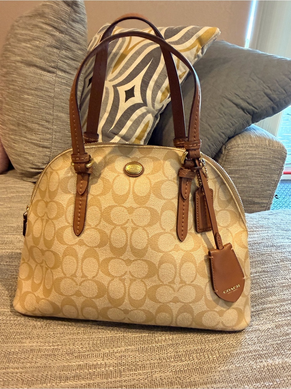 Coach Katy Dome Satchel Bag Signature Coated Canvas Leather Trim Khaki Saddle